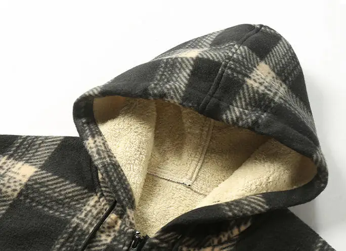 New Fashion Fleece Lined Men's Casual Hooded Plaid Shirt Jacket view 2