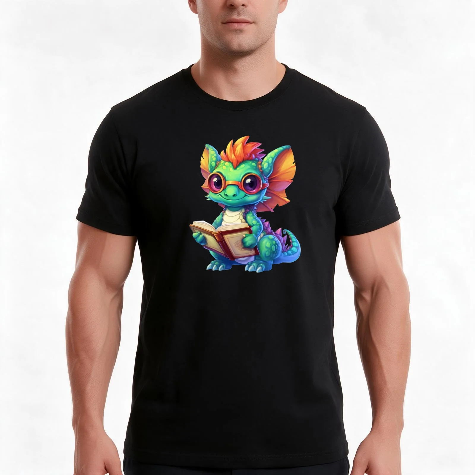 Adorable Kawaii Baby Book Dragon Reading T-Shirt, Summer Casual Cotton Tee, Oversized Streetwear Tops, Vintage Graphic Print