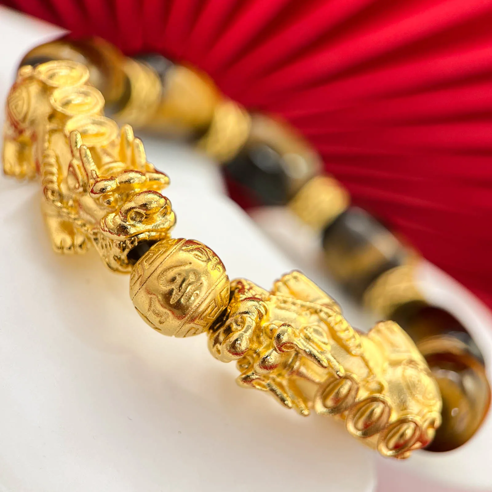 

9999 Yuanbao Double Pixiu Power Element Beaded Bracelet 24K Real Gold European and American Trendy Men's Tiger Eye Stone Barrel