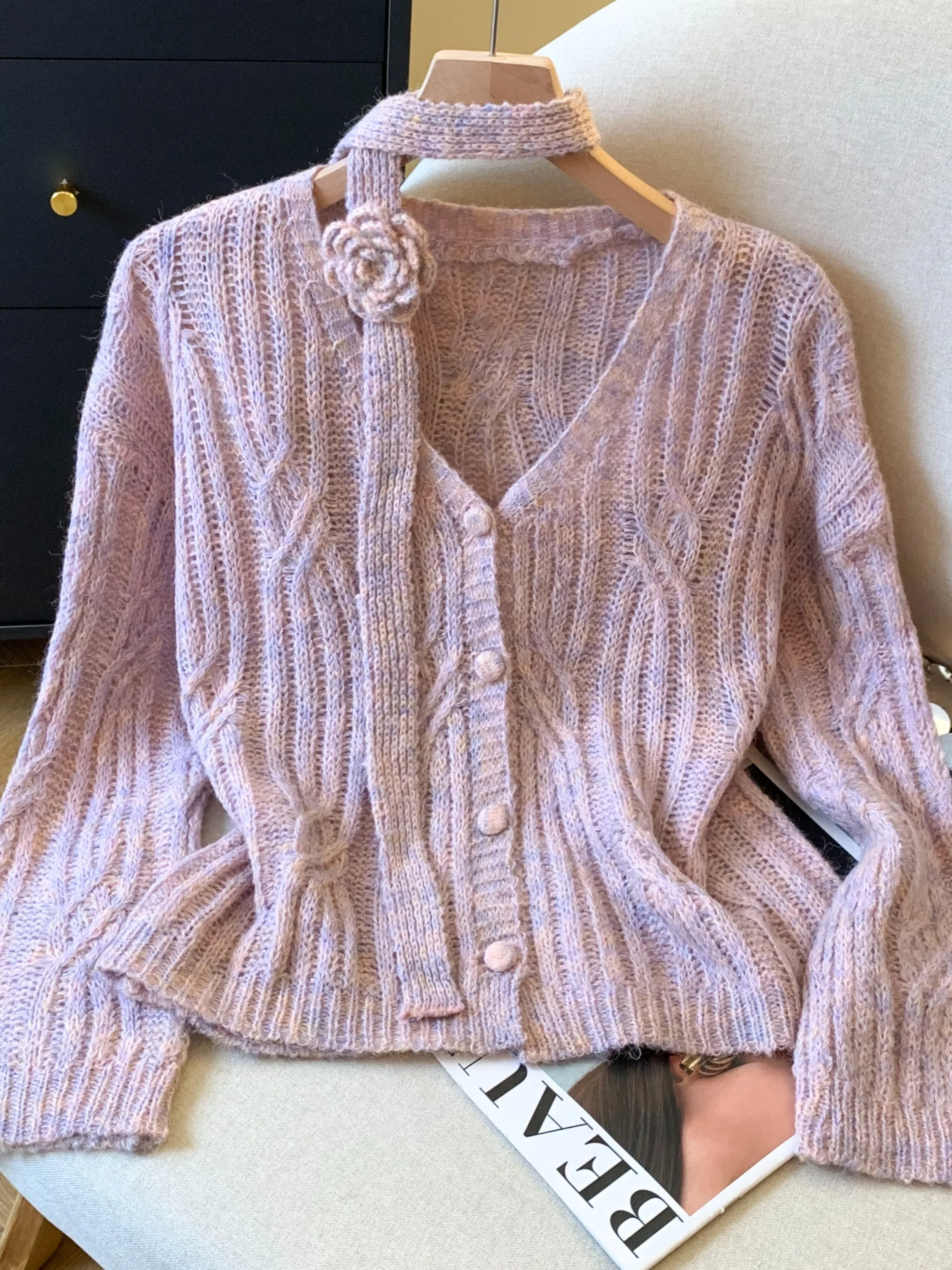 

Soft Cozy V-Ne Knitted Open Cardigan Women's Autumn Winter Sweater Jaet with Bow Tie Korean Sle Loose Fit Button Decor