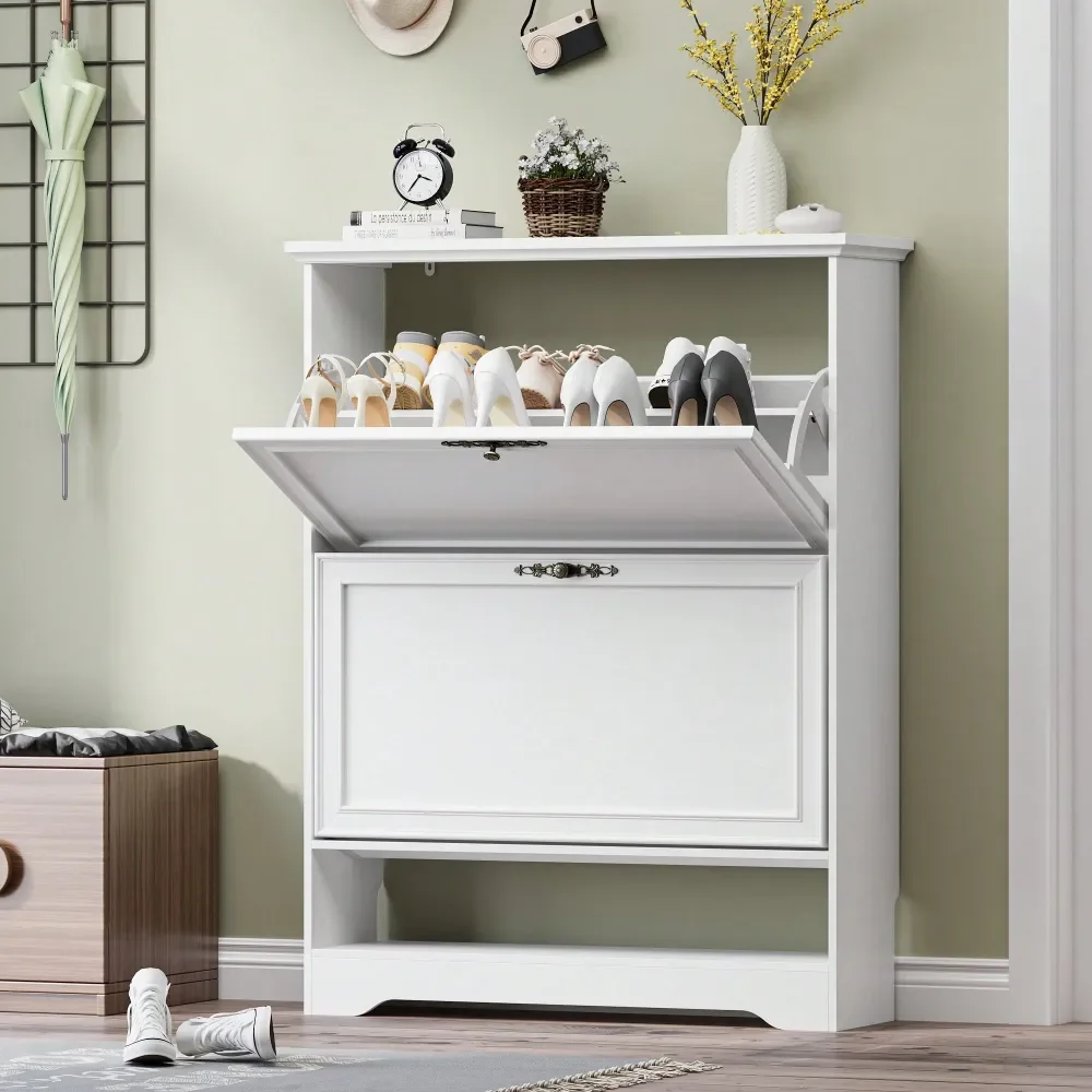 

Cabinet For Entryway, Slim Shoe Storage Cabinet With Adjustable Shelves, Wooden Rack And Organizer For Small Spaces, Closet, Ha