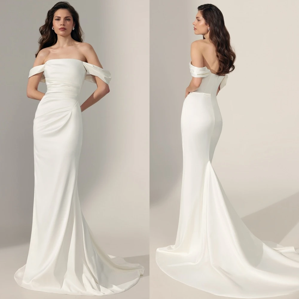

Customized White Satin Pleat Wedding Party Trumpet Strapless Long Dresses Elegant Formal Luxury Temperament Dreamy Dresses