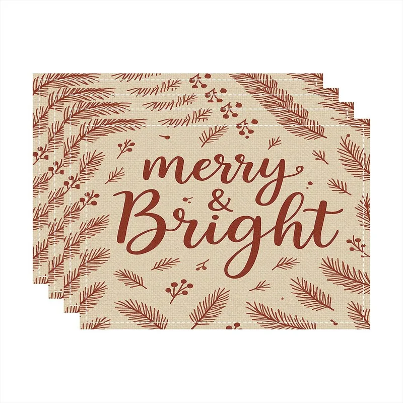 VIKAMA Linen Placemats Let It Snow Snowflakes Beige Red, Stain Resistant Easy to Clean, Dining Table Winter Decor