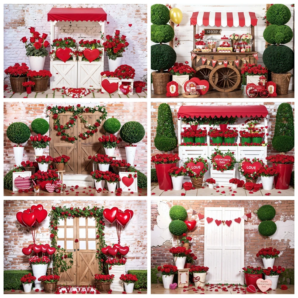 

Valentine's Day Backdrop Red Rose Love Heart Flower Cart Brick Wall Wood Door Wedding Party Photography Background Wall Decor