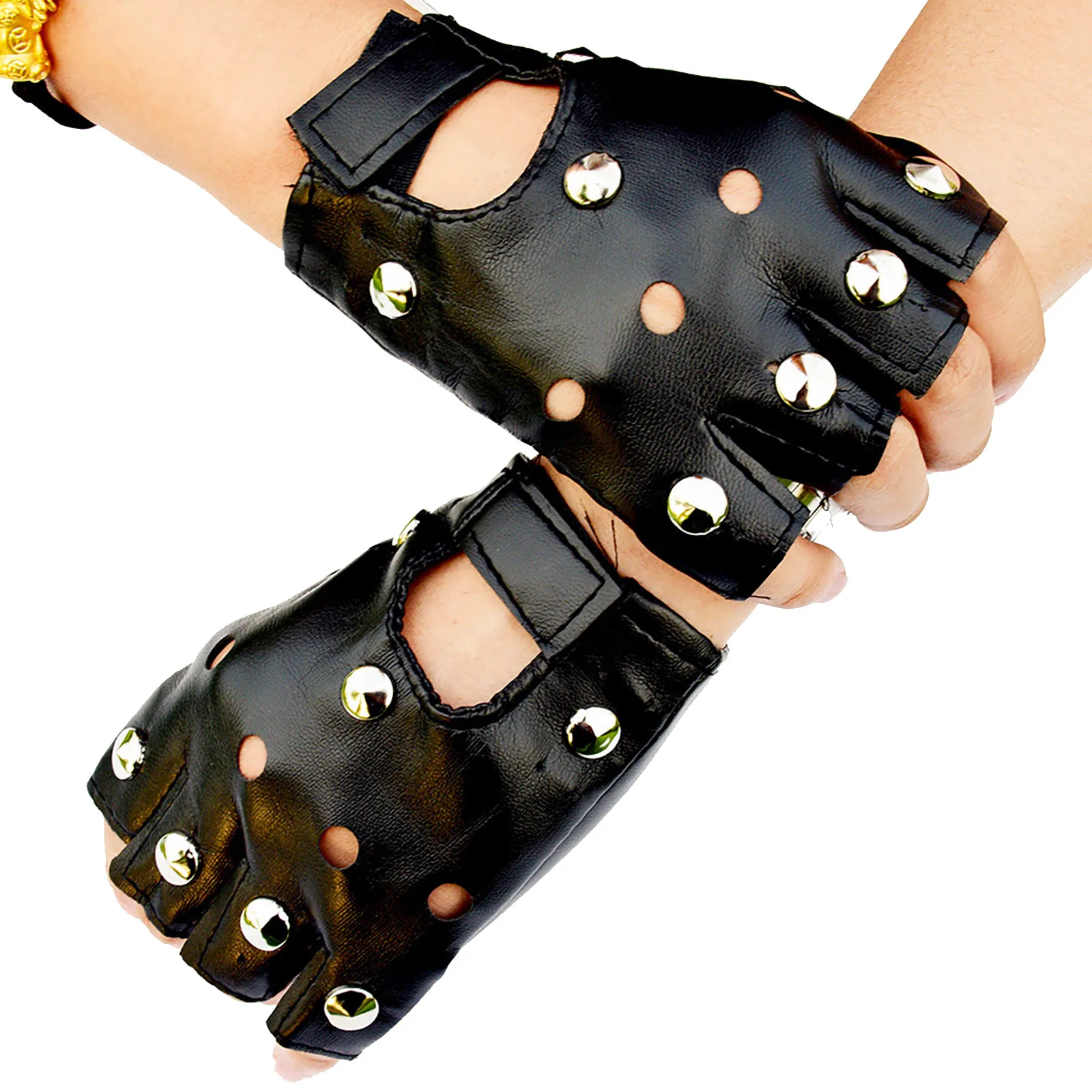 Schwarze gotische Nieten finger lose Handschuhe Halb finger atmungsaktiv fahren Männer Frauen pu Leder Punk handschuhe Clubwear Tanz handschuhe