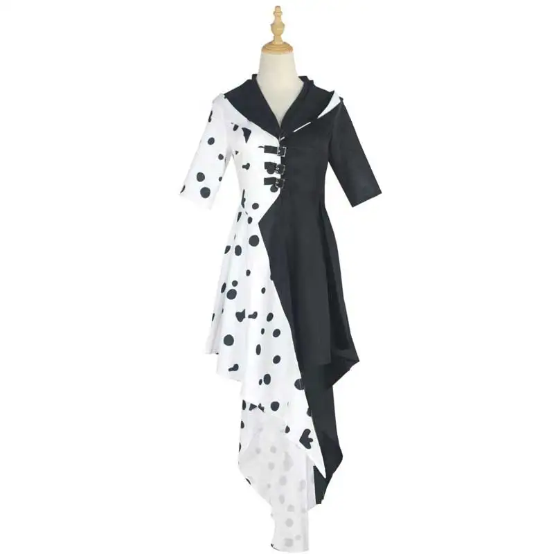 Evil Madame Cruella De Vil Cosplay Costume pour femme, robe de femme de chambre noire et blanche, gants et perruque, fête d\'Halloween, robe de