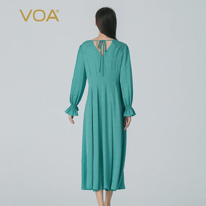 100% Pure Mulberry Silk Jacquard Grain Aqua Blue V-neck with Belt Flare Long Sleeve Dresses Women Pleated Long Dress AE1891