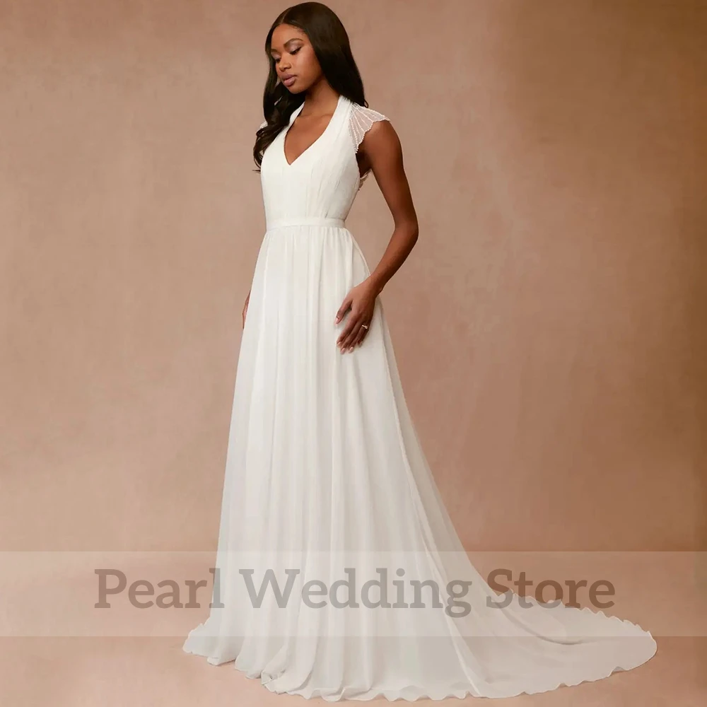 Charming Cap Sleeve Wedding Dress Chiffon V-Neck A-Line Floor Length with Belt and Beaded Bridal Beach Seaside Marriage Gowns