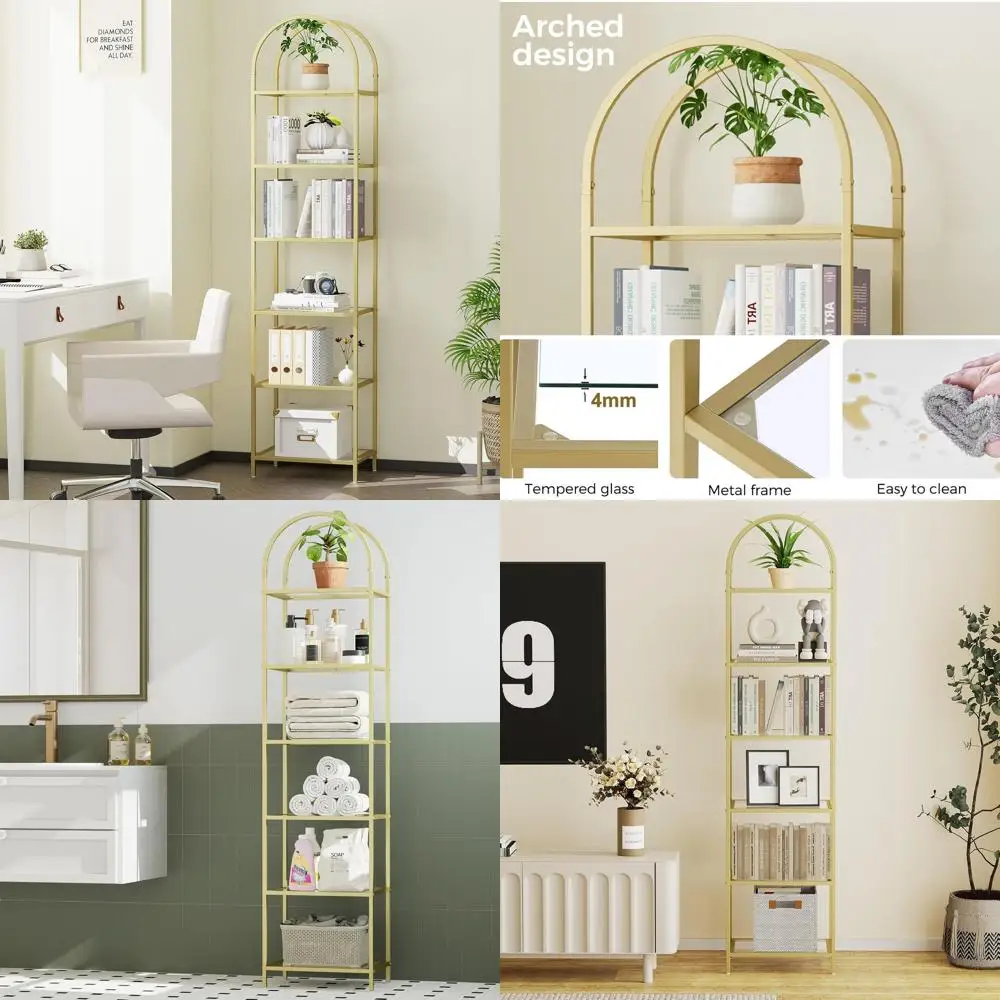 

Arched Display Bookcase with Tempered Glass Shelves for Home and Office, 11.8D x 13.8W x 68.1H