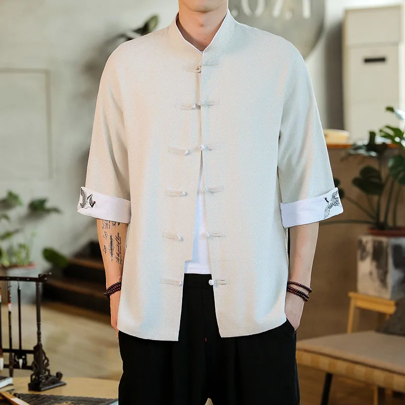 

Summer Crane Embroidery Top Traditional Chinese Clothing for Men Vintage Half Sleeve Linen Shirts Madarin Collar Hanfu Kungfu