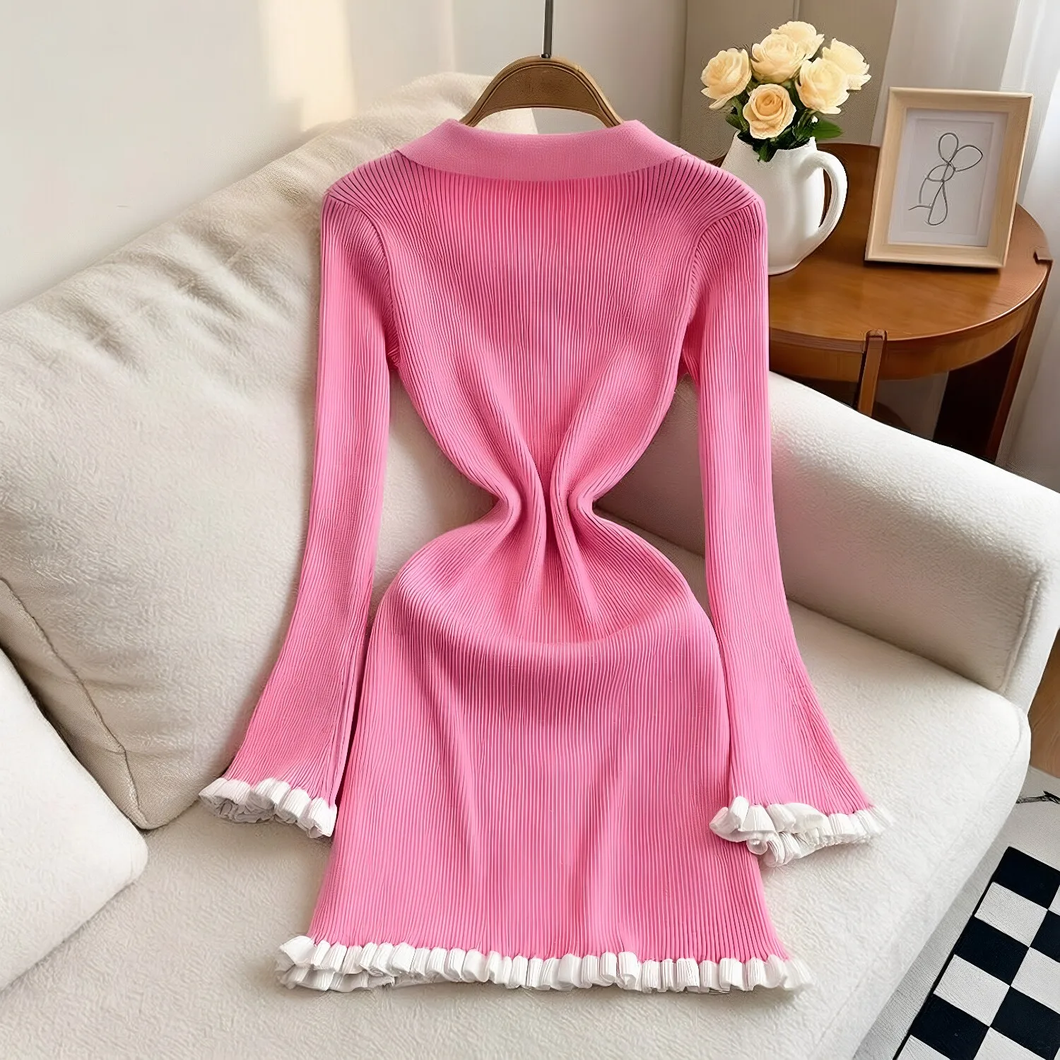 YuooMuoo Schickes Modisches Sexy Figurbetontes Strick-Minikleid 2026 Herbst Winter Vintage Gerüschtes Hemdkleid Damen Party Vestidos – Detail 15