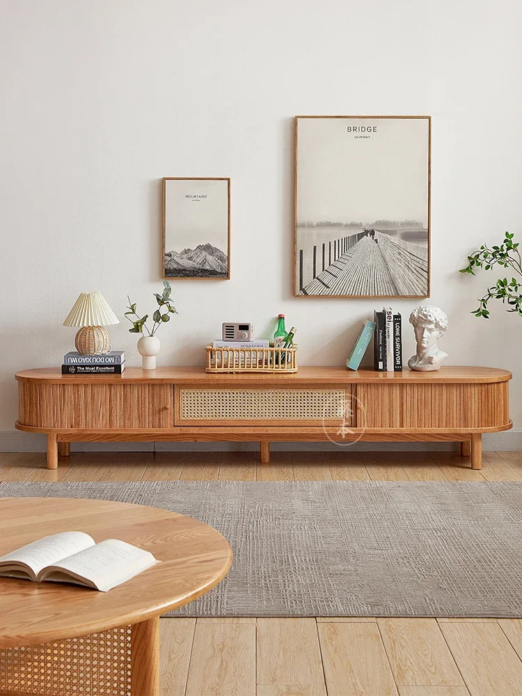 Vintage Rattan Solid Wood Coffee Table TV Cabinet Combination