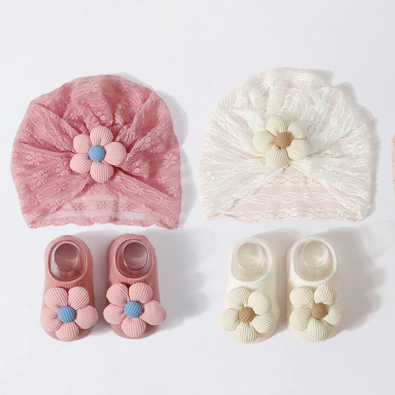 

2Pcs Summer Mesh Breathable Cute Baby Hat Socks Set Flower Solid Color Headwraps Infant Newborn Hat Anti-Slip Soft Knitted Socks