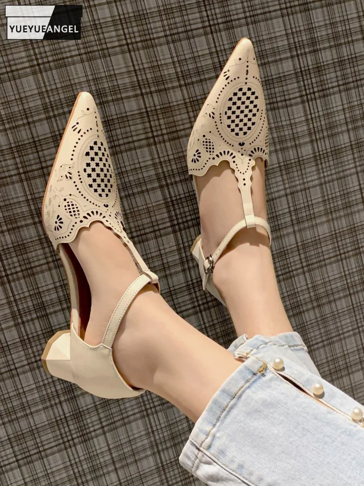 

Ladies Elegant Hollow Out Carving High Heel Sandal Buckle Strap Pointed Toe Genuine Leather Shoes New Women Block Heels Sandals
