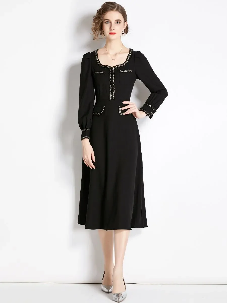 New Black Women Vintage Dress Long Puff Sleeve Square Collar Smock Weave Fringed High Waist A Line Mid Calf Length Vestido