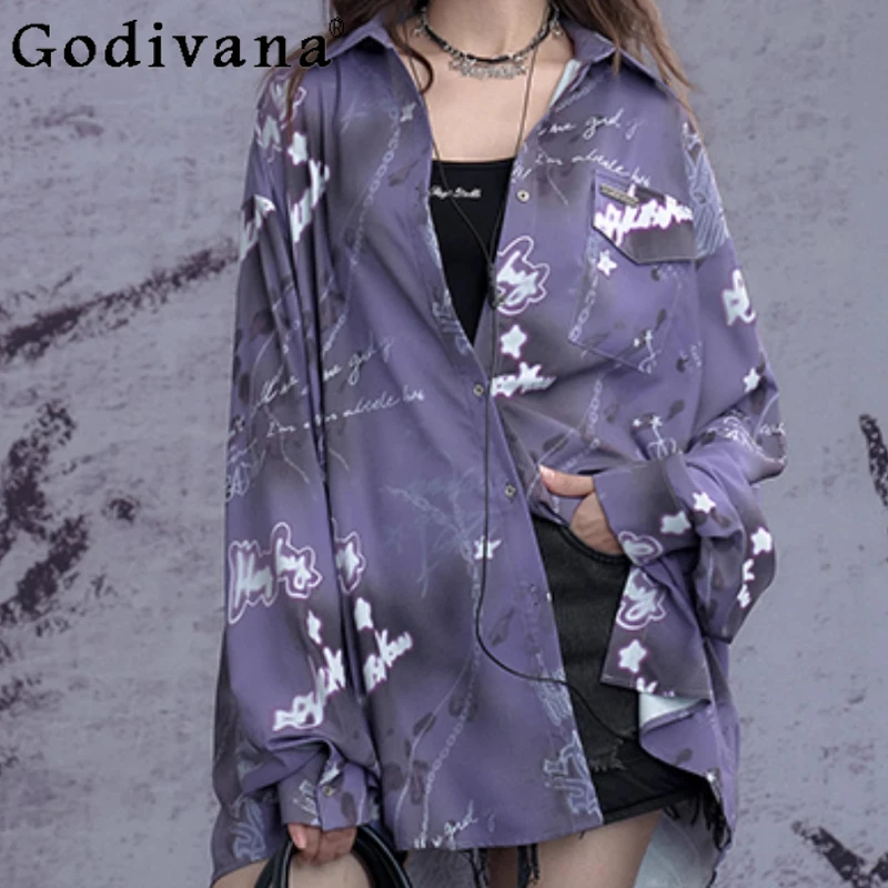 Sweet Cool Print Music Festival Summer Long Sleeve Turn-down Collar Sunscreen Top Handsome Girl Purple Loose Street Style Shirt