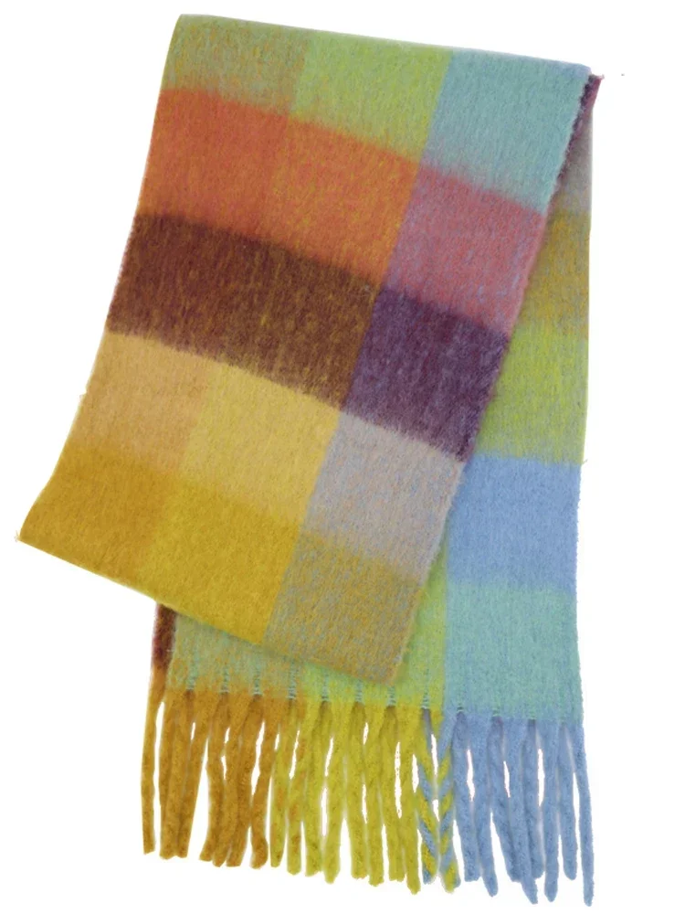 

Marshmallow Yellow Plaid Scarf For Women Long Vintage Tassel Shawl Warm Soft Thickened Scarf Women's Scarf Rainbow Large Shawl