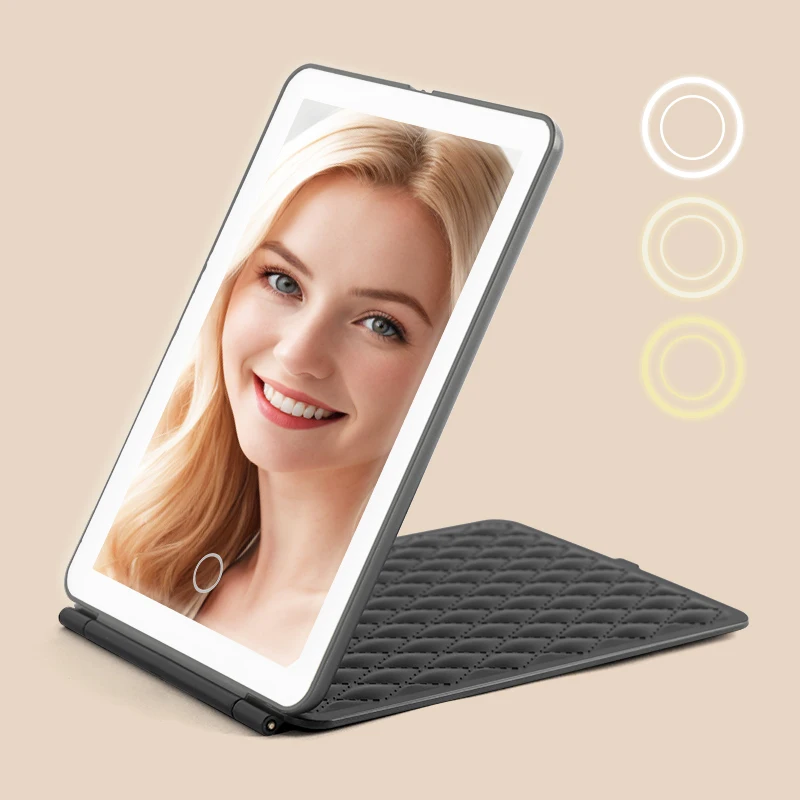 مرآة مكياج LED قابلة للطي مع مرآة زينة لسطح المكتب ببطارية 1500 مللي أمبير في الساعة مع ضوء ساطع قابل للتعتيم للسفر المنزلي #5