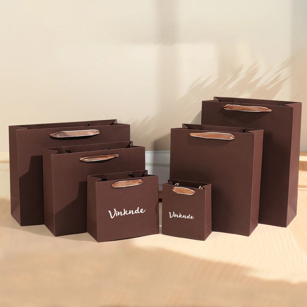 

24/50/100pcs Coffee Kraft Paper Gift Bags Party Candy Gifts Packaging Bag Custom Logo Christmas Wedding Baby Shower Tote Bags