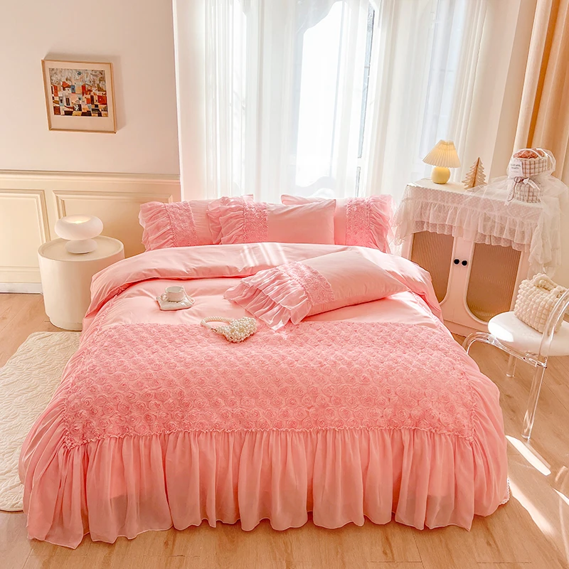 Pink Pure Cotton Princess Wedding Bedding Set Handmade Rose Flowers Lace Ruffles Duvet Cover Bedspread Bed Skirt Pillowcases