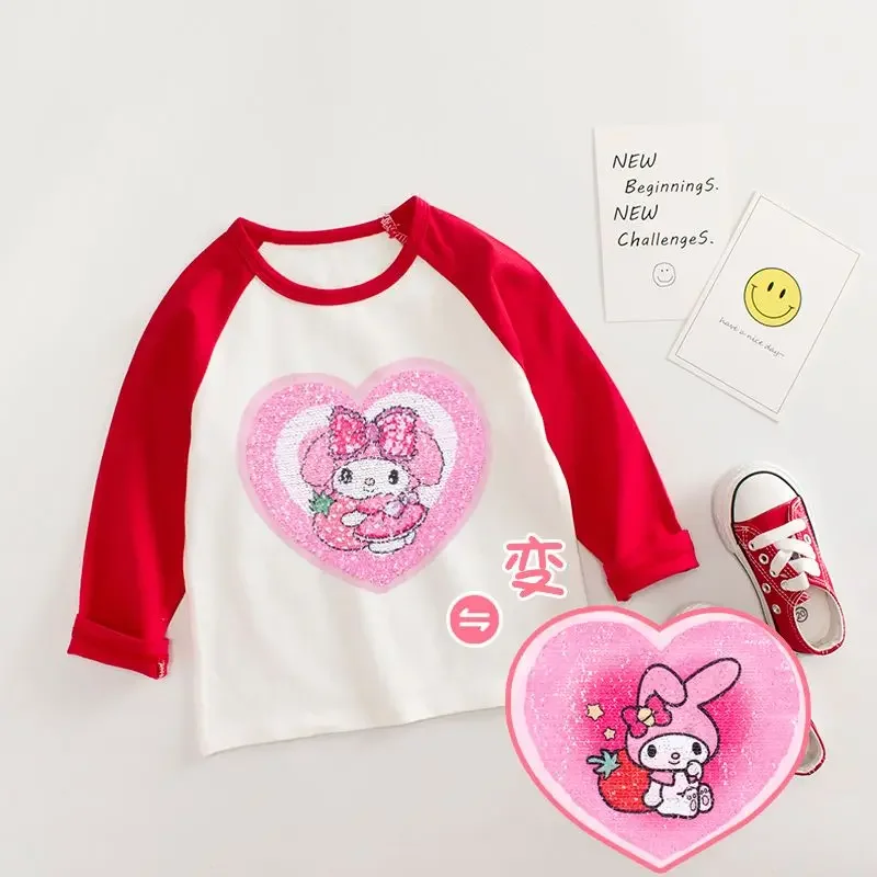 Sanrio My Melody Anime roupas infantis, camiseta de manga comprida para meninas, desenhos animados do coração, jaqueta fofa para crianças, presente superior para bebês, roupas kawaii