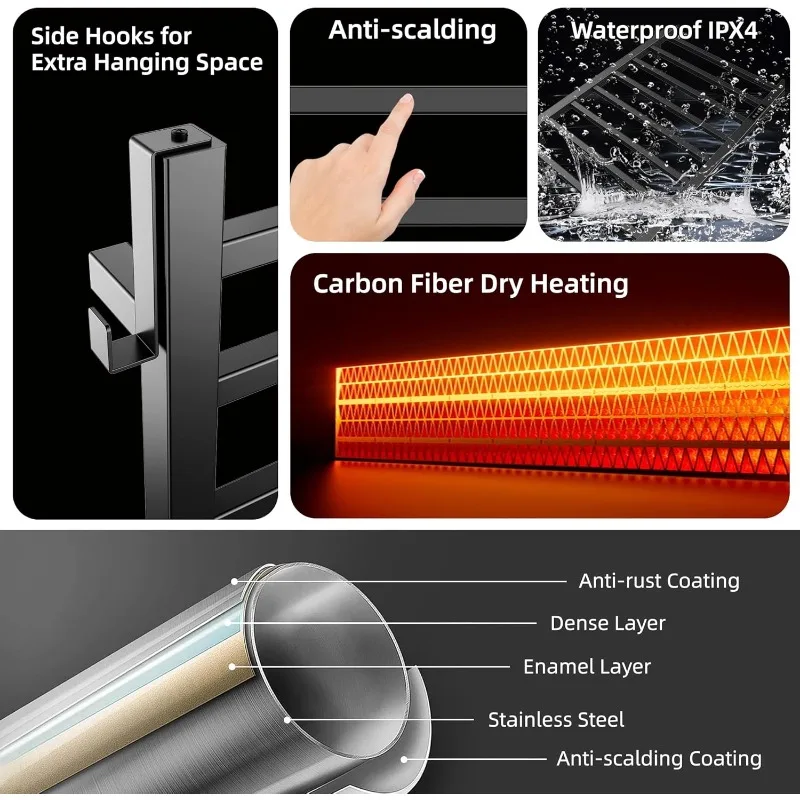 Heated Towel Rack, 10-Bar  Warmer Rack for Bathroom, Wall Mounted  Warmer, Electric Drying Rack with Ti