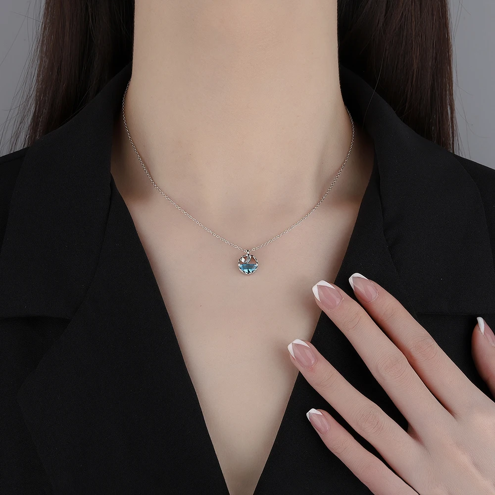 Half Round Natural Blue Topaz 925 Sterling Silver Spring Water Fishtail Pendant Necklace for Woman Gemstone Fine Jewelry Choker