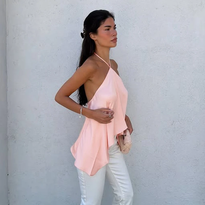 Hugcitar Modisches Neckholder-Top mit Schnürung, Rückenfreies, Unregelmäßiges, Einfarbiges, Sexy Crop-Top für Damen, Niedliche Kleidung für Strand, Urlaub und Party – Detail 15