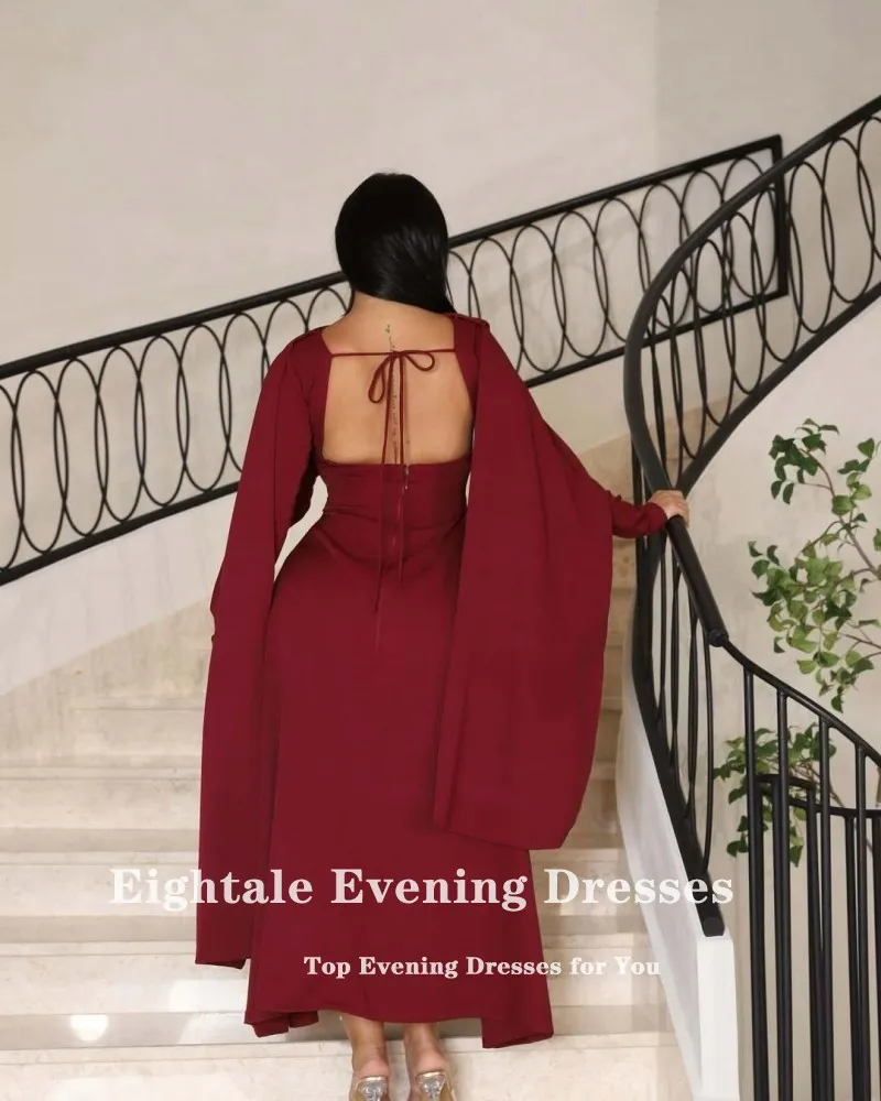 Eightale Arabisches Abendkleid für Hochzeit, Party, lange Ärmel, O-Ausschnitt, Burgunderrot, dehnbar, Meerjungfrau, individuelles Abendkleid