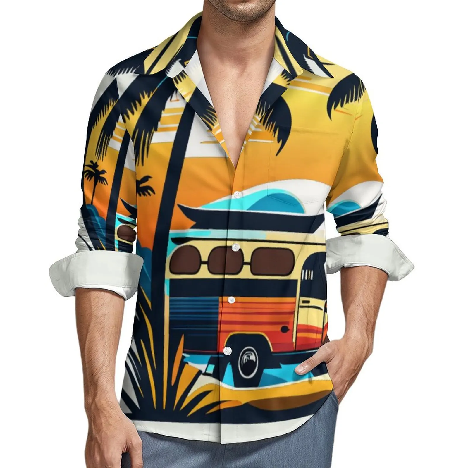 

Palms Tree Casual Shirt Men Ocean Summer Surf Streetwear Shirt Spring Retro Blouse Long Sleeve Graphic Oversized Clothing