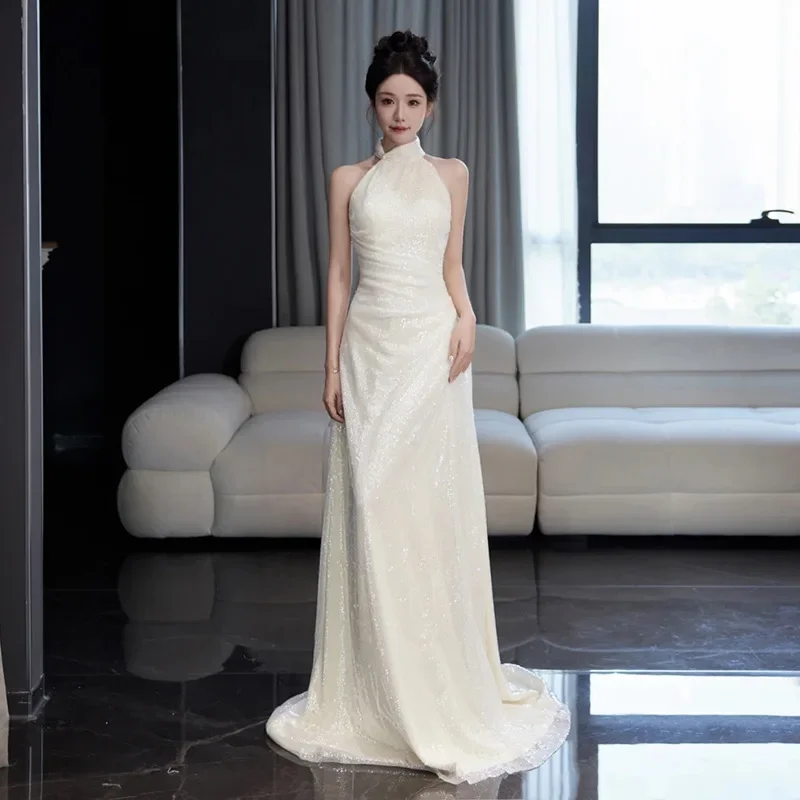 light 125 dress female 2024 new halter sleeveless temperament long light wedding dress