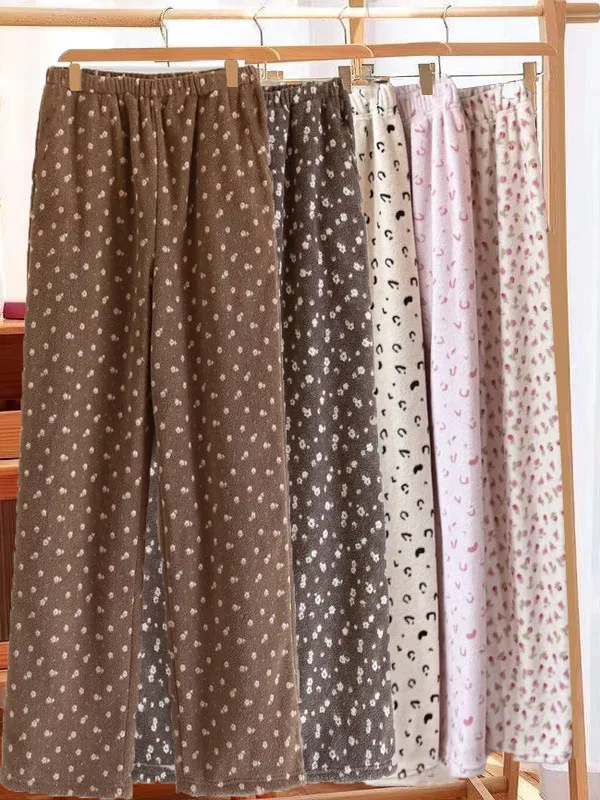 Thickened Fluffy Home Pants Floral Print Loose Fit Warm Winter Leisure Sleepwear for Men And Women Youth Size Comfortable