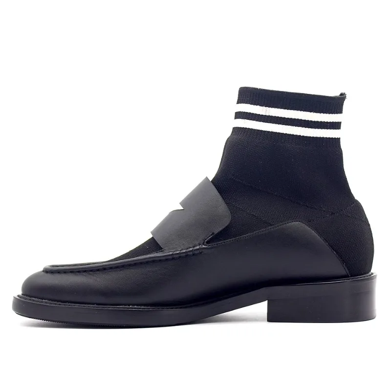 

New Fashion Sock Boots Stretch Knit Fabric Cowhide High Top Casual Breathable Genuine Leather Business Ankle Boots Men Shoes