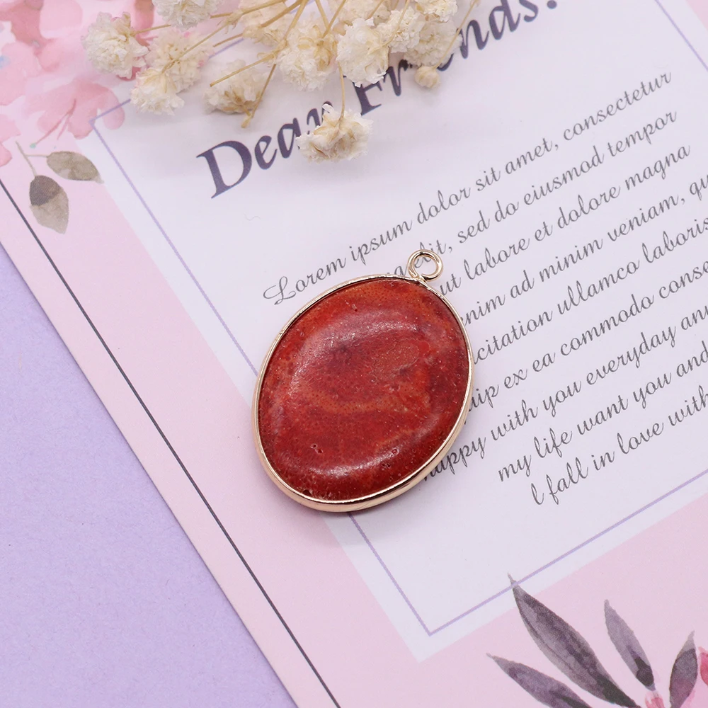 Fashionable Red Coral Egg Shaped Pendant Natural Sea Bamboo Artificial Coral Bracelet Necklace Accessories Charm Gift 25x35mm