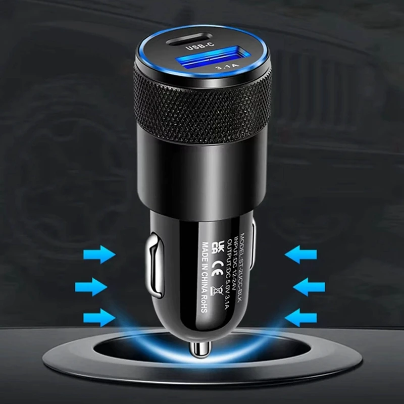 3.1A 15W USB + PD شاحن سيارة مدفع فولاذي صغير شاحن سيارة من سبيكة معدنية TYPE-C شاحن سيارة