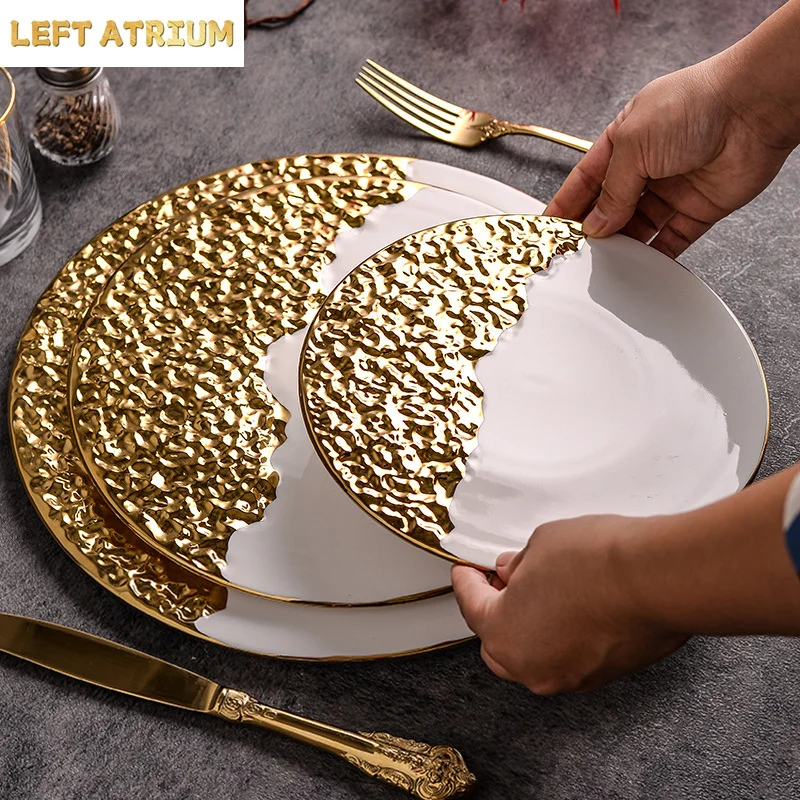 Half Stone Patterned Flat Plate Electroplated Ceramic Tableware Steak Plate Breakfast Plate Sushi Plates Dessert Snack Plates