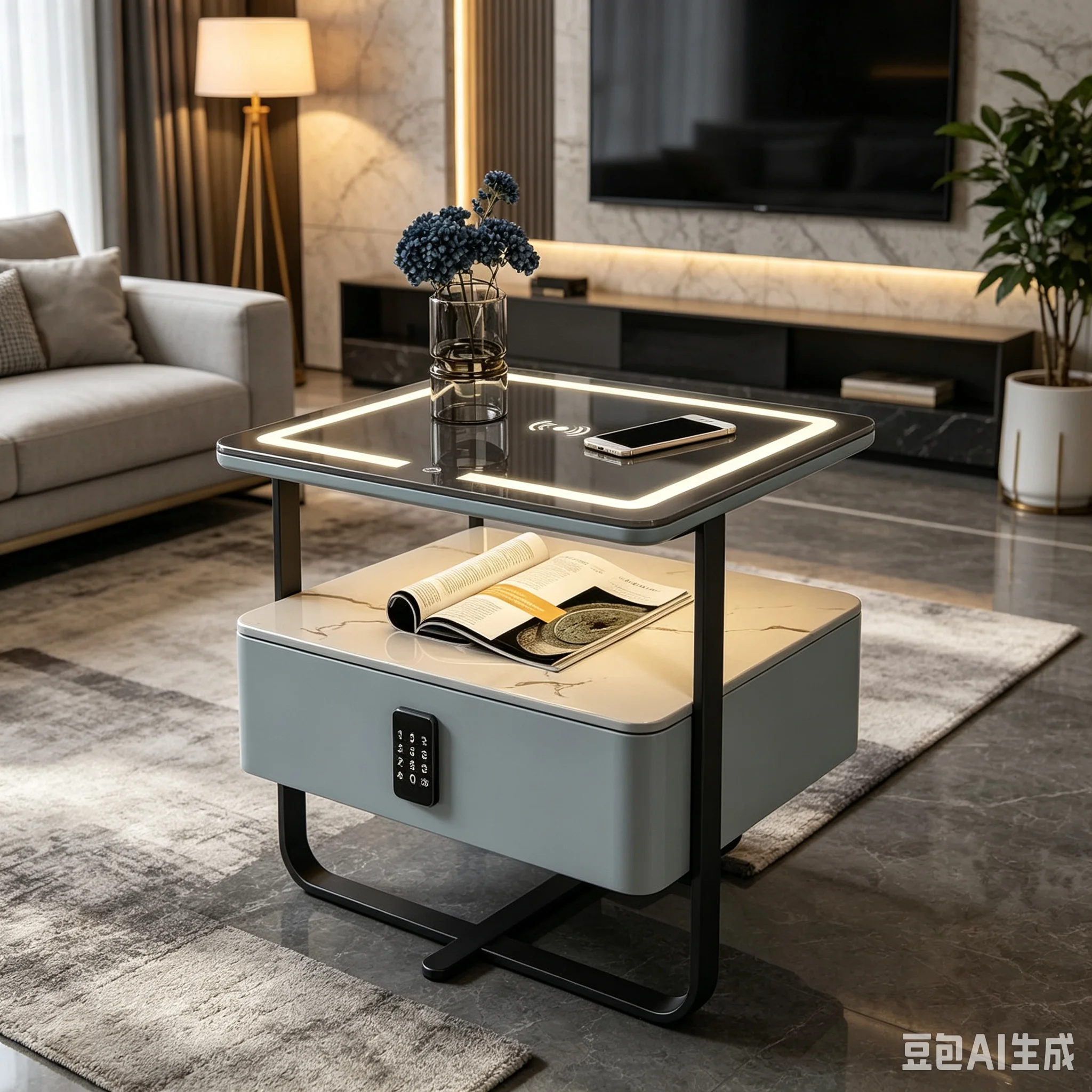 Modern Bedside Table Wireless Charging LED Light High Density Storage Nightstand Bedroom