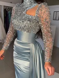 Mermaid Evening Gown Sequin Dress Formal Sweep  Brush Train Long Sleeve High Neck Satin with Pearls Masquerade Dress Customize