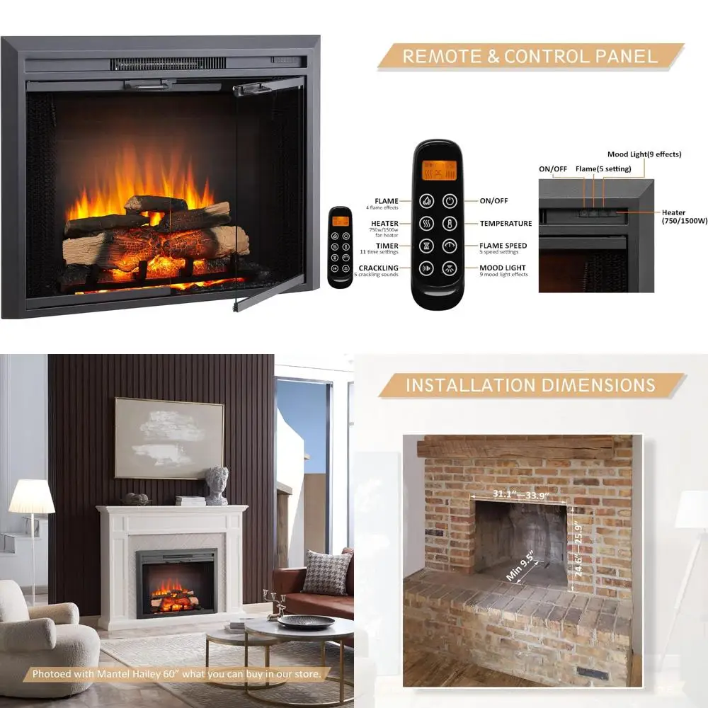 Elegant 35 Electric Fireplace Insert with Glass Door, Adjustable 750/1500W Heat, Realistic Flame Effect