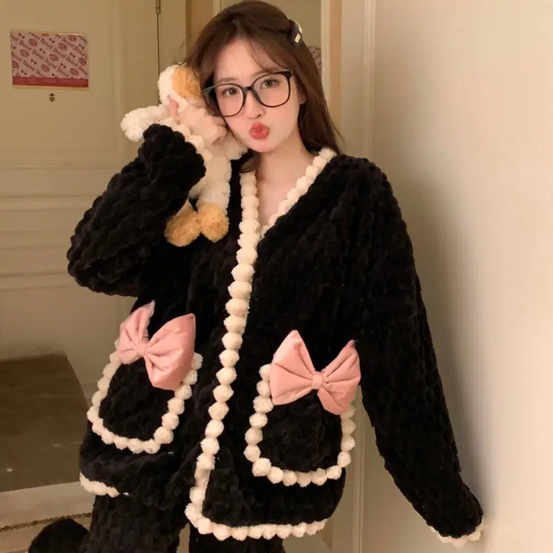 

Женские пижамы из кораллового флиса, осенне-зимняя милая домашняя одежда, пижамный комплект, милый универсальный, сохраняющий тепло, утепленный, удобный