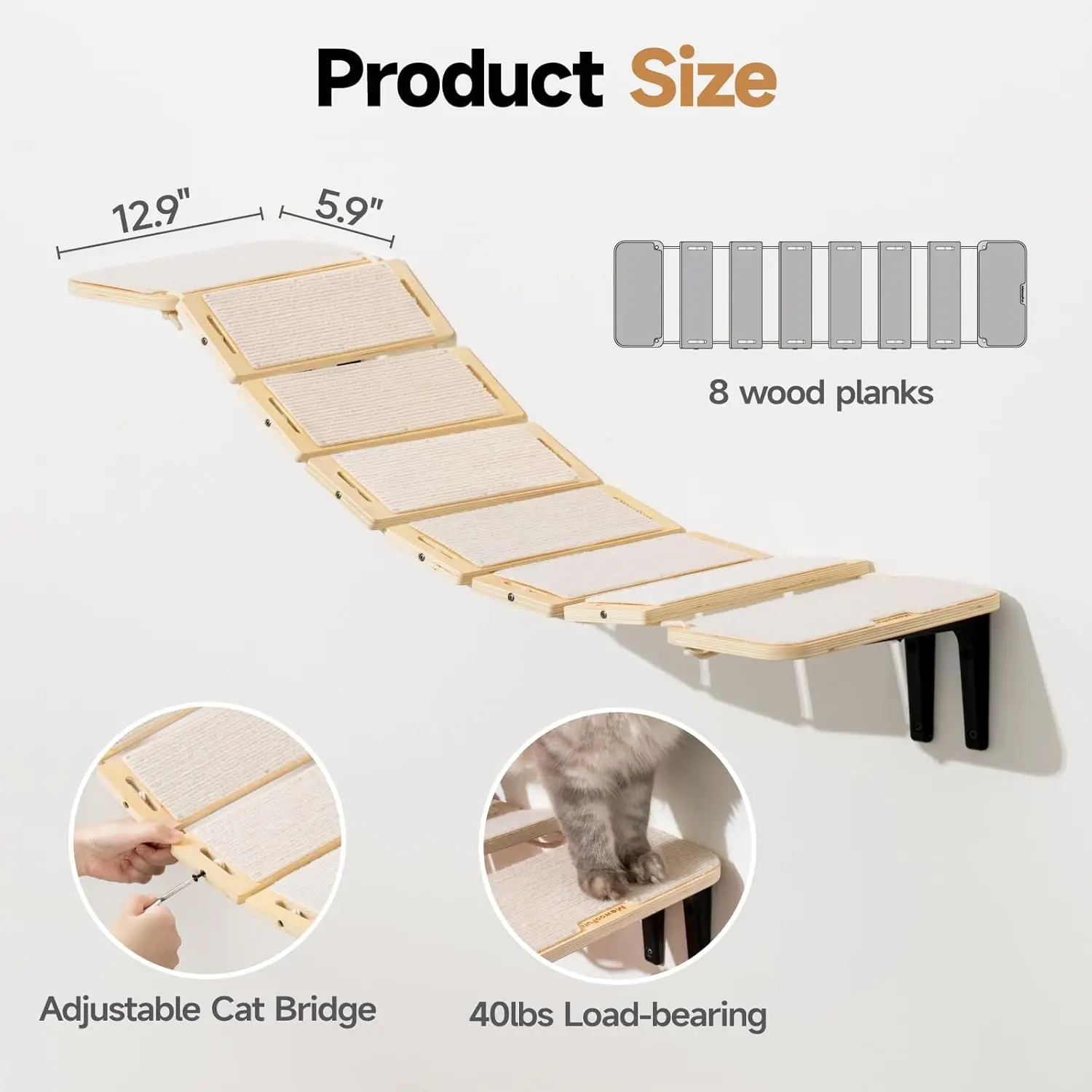 Mewoofun Cat Bridge Cat Climbing Shelves 12.9 Inch Wooden Cat Stairs Cat Wall Furniture for Jumping Climbing For Wall Mounted