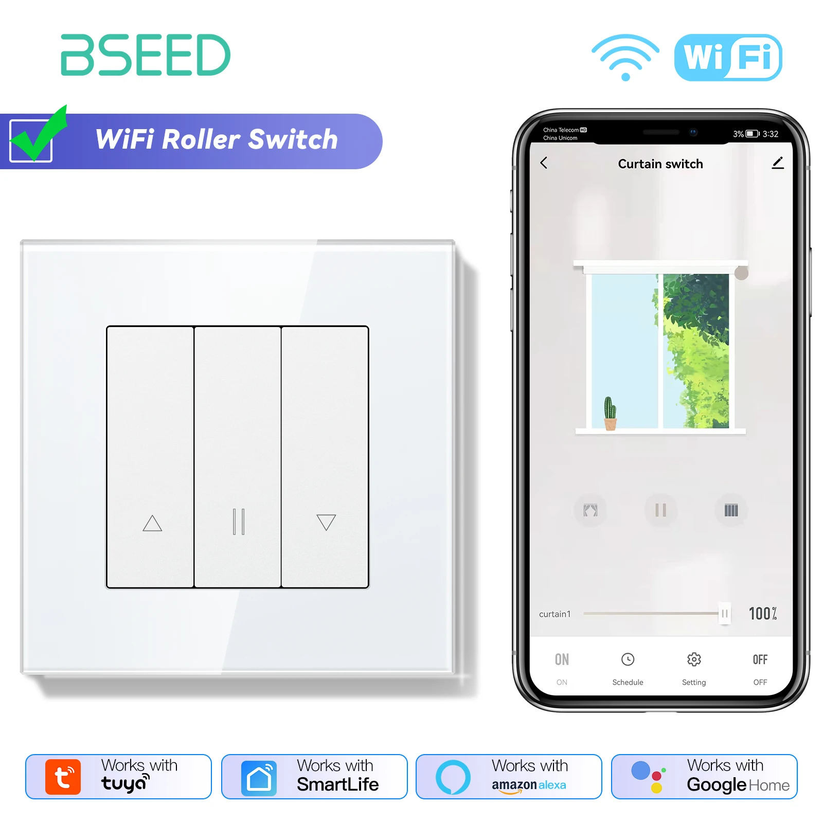 BSEED Wifi Smart Blind Shutter Schalter Mechanische Tasten App Steuerung Plus Licht Normale EU Buchse USB Typ-c Schnelle aufladen 8