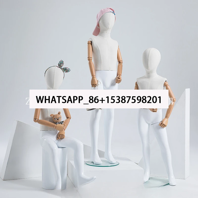 Fashionable style fiberglass material white children's manikin with adjustable wooden arms, used in clothing stores 1 PCS