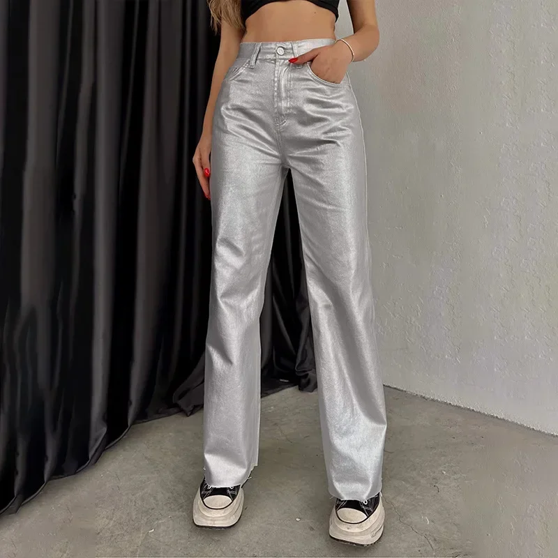 Women\'s New Fashion Silver High Waist Strap Pants Vintage Pockets Elegant Commuting Casual Loose Fit Women\'s Shiny Pants Y2K