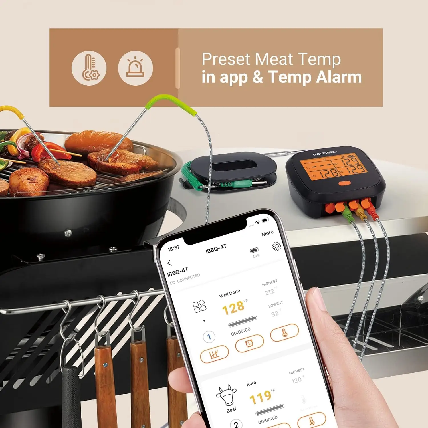 INKBIRD WiFi Meat Thermometer with 4 Colored Organized Probes Smart Digital Rechargeable Food Thermometer for Smoking BBQ