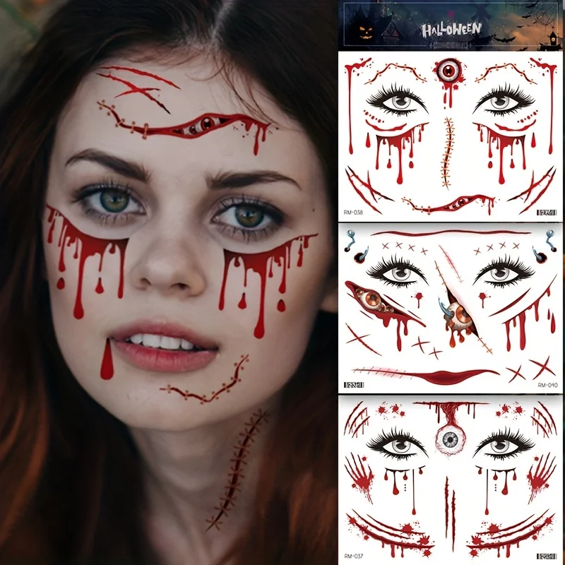 Halloween 3D Fake Scar Adutls, Horror Fake Tattoos Stickers Fake Bloody Wound Temporary Zombie Tattoos For Body Face Masquerade