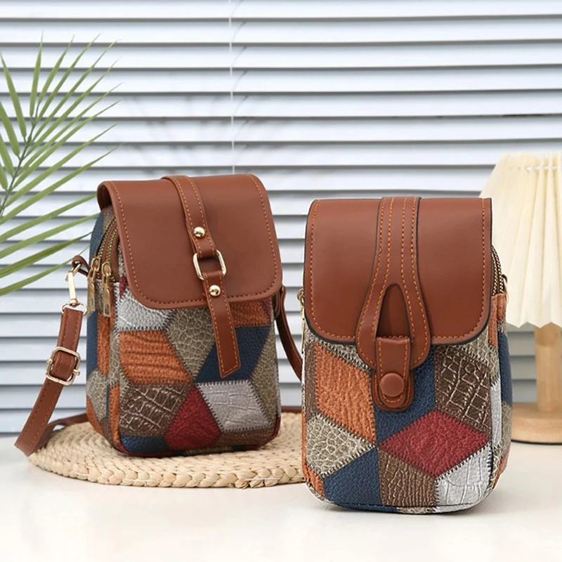 Retro Contrasting Color Women's Bag Multi-layer Practical Small Crossbody Bag Diamond Splicing Phone Bag Shoulder Bag