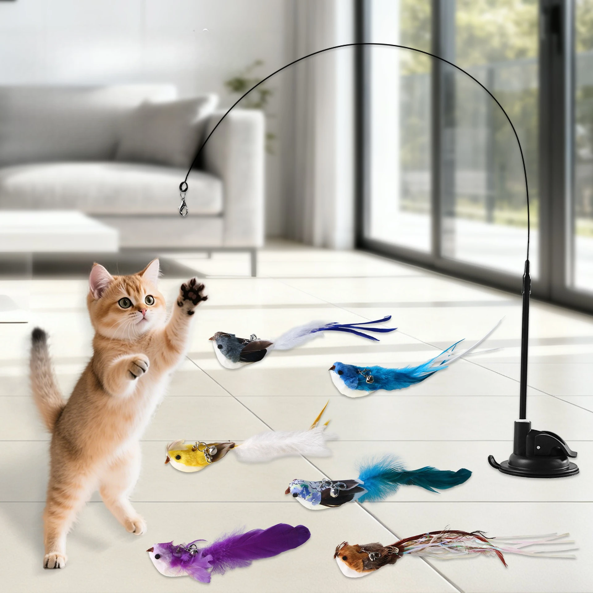Neue Handfreie Vogel-Katzen-Stabspielzeuge mit Glocke, interaktives Katzenspielzeug mit starkem Saugnapf für Katzen und Kätzchen, Jagd- und Übungsspielzeug, Haustierprodukte