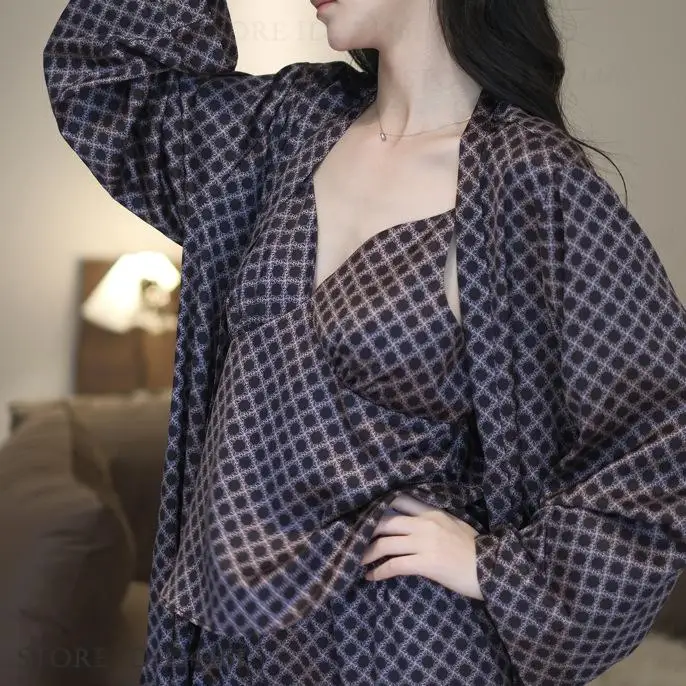 

French Style Women Pajamas 3PCS Set Sexy Long Robe Kimono Bathrobe Gown Pijamas Suit Loose Print Plaid Satin Homewear Loungewear