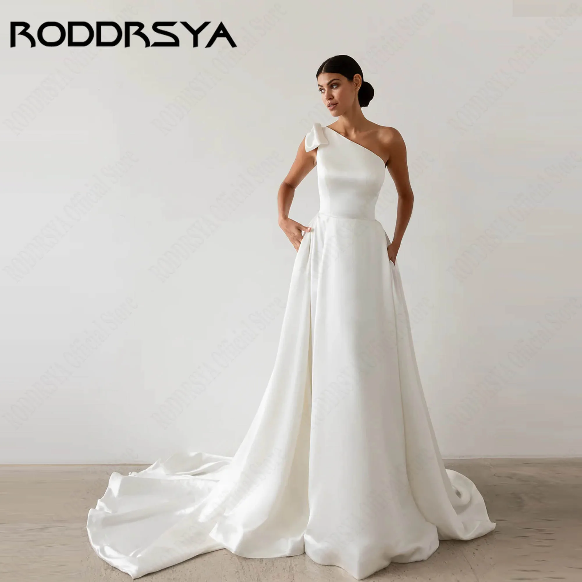 RODDRSYA One Shoulder Minimalism Wedding Dress Bow A-line Satin Classic Bride Gowns Sleeveless Buttons vestido novia Customized